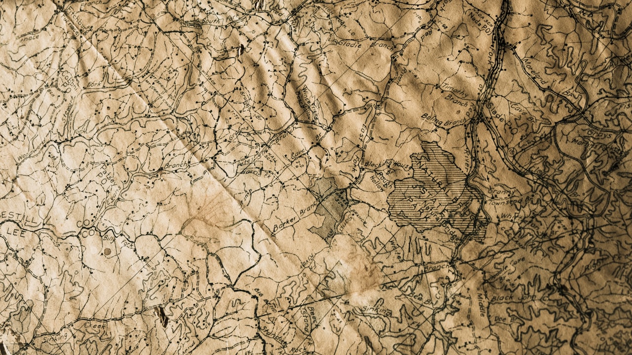 An aged crinkled topographic map